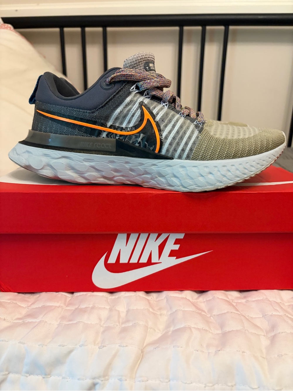 Nike React Infinity Knit Running Shoes - Olive Green with Black & Orange Swoosh - Picture 3 of 8